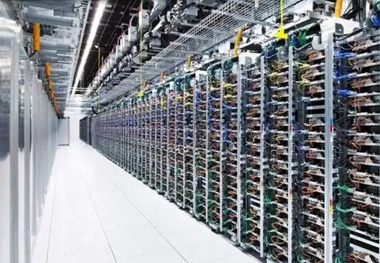 A bustling mining farm showcasing hosted rigs, highlighting the benefits of trade-in policies for optimized crypto earnings